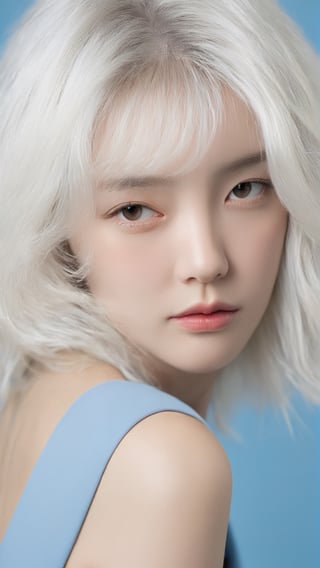 photorealistic of a girl, white hair, blue background, upper body. BREAK, 35mm photograph, professional, shot by Leica M50 f/1.8, 8k, raw,korean girl,xxmixgirl