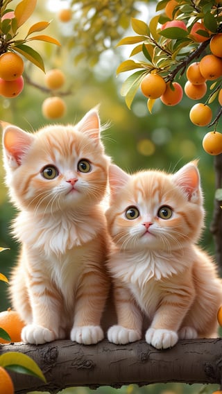 Side view shot, Turn around and look ahead, Two cute little fluffy fat kittens wearing pink coat sit down on the orange tree branch and Picking oranges from the treeand smiled happily, Autumn style, realistic high quality orange tree, oranges full the branch, maple leaves falling, big eyes so cute and beautiful, under the tree have a table, and apples and beautiful flowers, maple leaves falling, orange near flowers, Turn around and look viewers , pink flowers blooming fantastic amazing and romantic lighting bokeh, yellow flowers blooming realistic and green plants amazing tale and lighting as background, Xxmix_Catecat