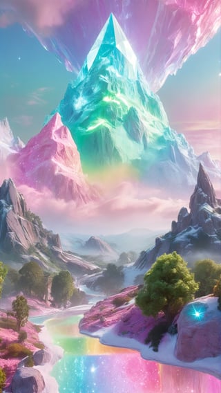 (fluorescent colors:1.4),(translucent:1.4),(retro filters:1.4), (fantasy:1.4),candy world Disney land ethereal soft fluffy soft landscape forest snowavatar Pastel pink sky green blue sparkle ethereal light pastel whimsical light rainbow stars diamonds sparkle gemstone background hyper realistic Ultra quality cinematic lighting immense detail Full hd painting Well lit,fashion_girl