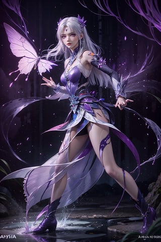 masterpiece,best quality,official art,extremely detailed CG unity 8k wallpaper,1girl, white hair, purple eyes, angry, frown, purple fire, cowboy shot, waterfall, butterfly, reflection, tree, light rays, caustics, light particles,  ,1 girl,ayaka_genshin,midjourney