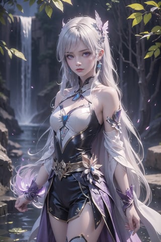 masterpiece,best quality,official art,extremely detailed CG unity 8k wallpaper,1girl, white hair, purple eyes, angry, frown, purple fire, cowboy shot, waterfall, butterfly, reflection, tree, light rays, caustics, light particles,  ,1 girl,ayaka_genshin,midjourney,wonder beauty ,dream_girl,ventidef,GdClth