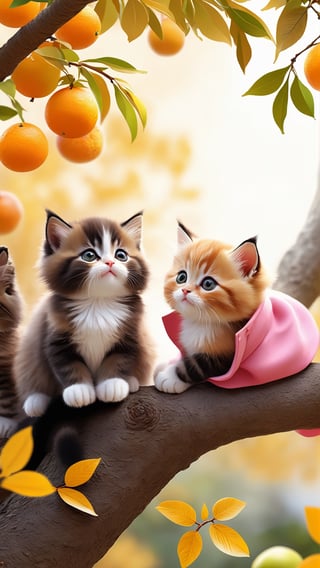 Side view shot, Turn around and look ahead, Two cute little fluffy fat kittens wearing pink coat sit down on the orange tree branch and Picking oranges from the treeand smiled happily, Autumn style, realistic high quality orange tree, oranges full the branch, maple leaves falling, big eyes so cute and beautiful, under the tree have a table, and apples and beautiful flowers, maple leaves falling, orange near flowers, Turn around and look viewers , pink flowers blooming fantastic amazing and romantic lighting bokeh, yellow flowers blooming realistic and green plants amazing tale and lighting as background, Xxmix_Catecat