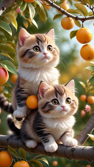 Side view shot, Turn around and look ahead, Two cute little fluffy fat kittens wearing pink coat sit down on the orange tree branch and Picking oranges from the treeand smiled happily, Autumn style, realistic high quality orange tree, oranges full the branch, maple leaves falling, big eyes so cute and beautiful, under the tree have a table, and apples and beautiful flowers, maple leaves falling, orange near flowers, Turn around and look viewers , pink flowers blooming fantastic amazing and romantic lighting bokeh, yellow flowers blooming realistic and green plants amazing tale and lighting as background, Xxmix_Catecat