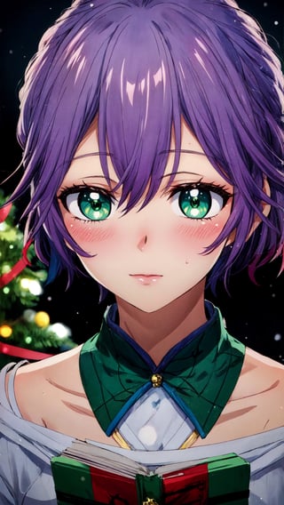 1girl, face portrait, purple short hairs, green eyes, A high-quality, high-res masterpiece, matured female, Anime & Comic Book style, hair ornaments, blushing, Christmas tree in the background(( deep depth of field:1.4)) hiro_segawa.,,