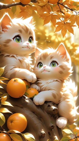 Side view shot, Turn around and look ahead, Two cute little fluffy fat kittens wearing pink coat sit down on the orange tree branch and Picking oranges from the treeand smiled happily, Autumn style, realistic high quality orange tree, oranges full the branch, maple leaves falling, big eyes so cute and beautiful, under the tree have a table, and apples and beautiful flowers, maple leaves falling, orange near flowers, Turn around and look viewers , pink flowers blooming fantastic amazing and romantic lighting bokeh, yellow flowers blooming realistic and green plants amazing tale and lighting as background, Xxmix_Catecat