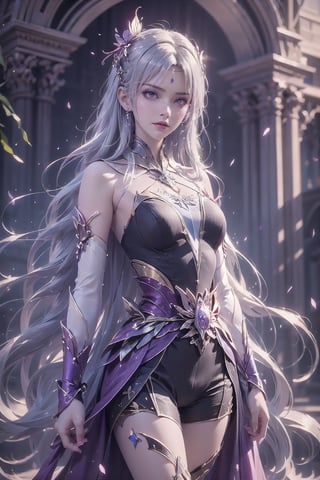 masterpiece,best quality,official art,extremely detailed CG unity 8k wallpaper,1girl, white hair, purple eyes, angry, frown, purple fire, cowboy shot, waterfall, butterfly, reflection, tree, light rays, caustics, light particles,  ,1 girl,ayaka_genshin,midjourney,wonder beauty ,dream_girl,ventidef,GdClth