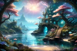 ocean,tropisl coast ,elven  fantasy art, cinema 4d, matte painting, polished, beautiful, colorful, intricate, eldritch, ethereal, vibrant, surrealism, surrealism, vray, nvdia ray tracing, cryengine, magical, 4k, 8k, masterpiece, crystal, romanticism -- Create a stunning landscape of an illuminated enchanted forest in the twilight. The painting should have a soft, ethereal lighting and vibrant pastel colors. The style should be realistic, resembling the works of Thomas Kinkade. Use oil on canvas as the medium, focusing on creating a high-definition scenic painting. in Brooding landscapes, epic scale, German myth, layered symbolic density,360 View,DonMCyb3rSp4c3XL,omatsuri