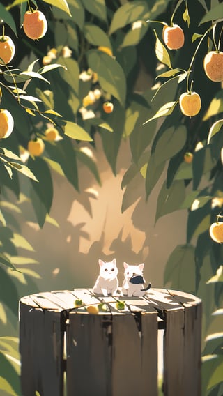 Side view shot, Turn around and look ahead, Two cute little fluffy fat kittens wearing pink coat sit down on the orange tree branch and Picking oranges from the treeand smiled happily, Autumn style, realistic high quality orange tree, oranges full the branch, maple leaves falling, big eyes so cute and beautiful, under the tree have a table, and apples and beautiful flowers, maple leaves falling, orange near flowers, Turn around and look viewers , pink flowers blooming fantastic amazing and romantic lighting bokeh, yellow flowers blooming realistic and green plants amazing tale and lighting as background, Xxmix_Catecat