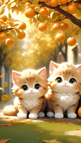 Side view shot, Turn around and look ahead, Two cute little fluffy fat kittens wearing pink coat sit down on the orange tree branch and Picking oranges from the treeand smiled happily, Autumn style, realistic high quality orange tree, oranges full the branch, maple leaves falling, big eyes so cute and beautiful, under the tree have a table, and apples and beautiful flowers, maple leaves falling, orange near flowers, Turn around and look viewers , pink flowers blooming fantastic amazing and romantic lighting bokeh, yellow flowers blooming realistic and green plants amazing tale and lighting as background, Xxmix_Catecat