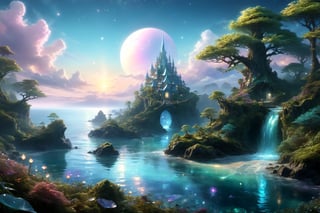 ocean,tropisl coast ,elven  fantasy art, cinema 4d, matte painting, polished, beautiful, colorful, intricate, eldritch, ethereal, vibrant, surrealism, surrealism, vray, nvdia ray tracing, cryengine, magical, 4k, 8k, masterpiece, crystal, romanticism -- Create a stunning landscape of an illuminated enchanted forest in the twilight. The painting should have a soft, ethereal lighting and vibrant pastel colors. The style should be realistic, resembling the works of Thomas Kinkade. Use oil on canvas as the medium, focusing on creating a high-definition scenic painting. in Brooding landscapes, epic scale, German myth, layered symbolic density,360 View,DonMCyb3rSp4c3XL,omatsuri