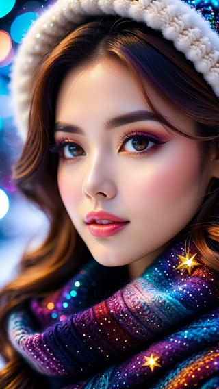 close up angle of (( winter clothes women)),  detailed focus, deep bokeh, beautiful, dreamy colors, dark cosmic background, best camera, ,photo r3al,Apoloniasxmasbox