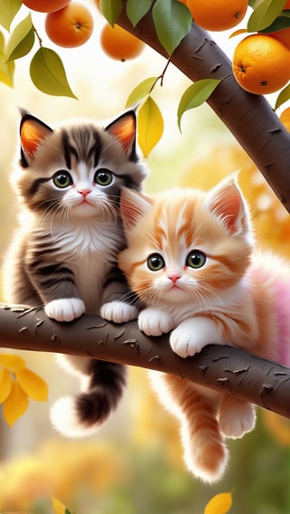 Side view shot, Turn around and look ahead, Two cute little fluffy fat kittens wearing pink coat sit down on the orange tree branch and Picking oranges from the treeand smiled happily, Autumn style, realistic high quality orange tree, oranges full the branch, maple leaves falling, big eyes so cute and beautiful, under the tree have a table, and apples and beautiful flowers, maple leaves falling, orange near flowers, Turn around and look viewers , pink flowers blooming fantastic amazing and romantic lighting bokeh, yellow flowers blooming realistic and green plants amazing tale and lighting as background, Xxmix_Catecat