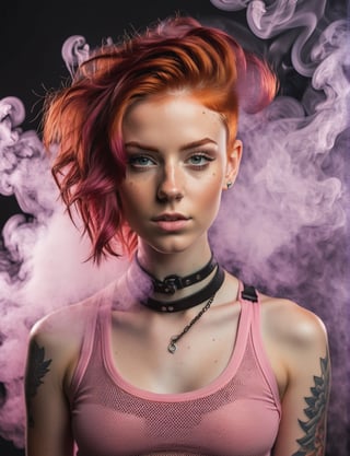 photo full body portrait of teen, rule of thirds, dramatic lighting, natural red hair with undercut, detailed face, detailed nose, woman wearing pink see trough tank top, futuristic harness, freckles, collar or choker, smirk, tattoo, background full of smoke