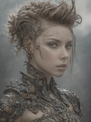 Cyborg fairy, intricate half body portrait, detailed portrait, photorealistic, weird hair with undercut, foggy background, steampunk style