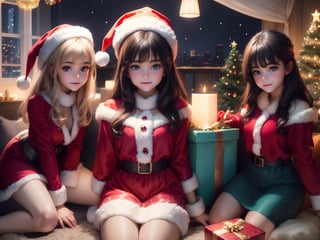 (3girls:1.3), (Extremely cute cute face, utra detailed amazing face and eyes), 10yo, aquamarine blue color, detailed iris, realistic, Santa hat, Christmas, long dark black hair, tan, long sleeves, red sweater, tender smile, christmas tree, landscape, fireplace, window, sofa, table, indoors, cityscape, christmas lights, christmas decorations, building, night, chair, city, carpet, lamp, rug, city lights, snowing, stuffed animal, Curtains, candle, gift box, Stuffed animal, snow, glass, pillow, instrument, skyscraper, sky, teddy bear, cushion, (Best quality: 1.4), (best resolution) 16K, HDR10+, photo realistic, photographs in gross, professional photography, girls full body focus, long beautiful legs, sexy costume, Santa Claus,Santa hat