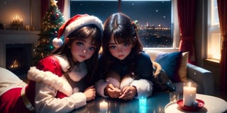 (3girls:1.3), (Extremely cute, cute face, utra detailed amazing face and eyes, iris ultradettalado), 14yo, blue eyes, detailed iris, realistic, Santa hat, Christmas, long dark black hair, tan, long sleeves, red sweater, tender smile, christmas tree, landscape, fireplace, window, sofa, table, indoors, cityscape, christmas lights, christmas decorations, building, night, chair, city, carpet, lamp, rug, city lights, snowing, stuffed animal, Curtains, candle, gift box, Stuffed animal, snow, glass, pillow, instrument, skyscraper, sky, teddy bear, cushion, (Best quality: 1.4), (best resolution) 16K, HDR10+, photo realistic, photographs in gross, professional photography, girls full body focus, long beautiful legs, sexy costume, Santa Claus, NSFW,sexy lingerie