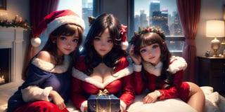 (3girls:1.3), (Extremely cute, cute face, utra detailed amazing face and eyes, iris ultradettalado), 14yo, blue eyes, detailed iris, realistic, Santa hat, Christmas, long dark black hair, tan, long sleeves, red sweater, tender smile, christmas tree, landscape, fireplace, window, sofa, table, indoors, cityscape, christmas lights, christmas decorations, building, night, chair, city, carpet, lamp, rug, city lights, snowing, stuffed animal, Curtains, candle, gift box, Stuffed animal, snow, glass, pillow, instrument, skyscraper, sky, teddy bear, cushion, (Best quality: 1.4), (best resolution) 16K, HDR10+, photo realistic, photographs in gross, professional photography, girls full body focus, long beautiful legs, sexy costume, Santa Claus, NSFW,sexy lingerie