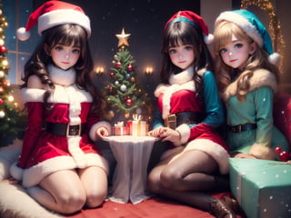 (3girls:1.3), (Extremely cute cute face, utra detailed amazing face and eyes), 10yo, aquamarine blue color, detailed iris, realistic, Santa hat, Christmas, long dark black hair, tan, long sleeves, red sweater, tender smile, christmas tree, landscape, fireplace, window, sofa, table, indoors, cityscape, christmas lights, christmas decorations, building, night, chair, city, carpet, lamp, rug, city lights, snowing, stuffed animal, Curtains, candle, gift box, Stuffed animal, snow, glass, pillow, instrument, skyscraper, sky, teddy bear, cushion, (Best quality: 1.4), (best resolution) 16K, HDR10+, photo realistic, photographs in gross, professional photography, girls full body focus, long beautiful legs, sexy costume, Santa Claus,Santa hat,nsfw,