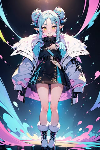 masterpiece, best quality, 8k HD, brillint lighting effect, sharp quality, intricate details:0.8,ultra resolution, cold color scheme, pastel ink, 1girl , korean, full body, cute smile, intricate detailed yellow eyes , pointy face,(silver_color_with_streaks_tied_bun_hairstyle, beautiful bangs, curls, forehead, hairclip), Nordic fur, fur boots, Dracula teeth, elf ears, more detail XL,