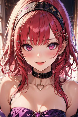 masterpiece, best quality, 8k HD, brillint lighting effect, sharp quality, intricate details:0.8, 1girl , upper-body, cute smile, lip gloss, intricate detailed heart shape purple eyes, red medium messy hair, flower hairband, beautiful bangs, hairpins, collar bone, more detail XL