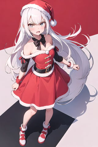 lustration of cute girl, (anime style), (flat:1.5), BREAK, 1girl, solo, (santa claus clothes),white hair, bangs bangs, full body, Looking viewer, (angry:1.5),