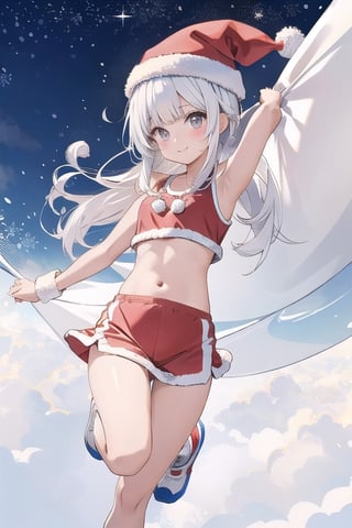 illustration of cute girl, (anime style), (flat:1.5), BREAK, 1girl, solo, (santa claus clothes),white hair, bangs bangs, full body, Looking viewer, (sports gym:1.3),