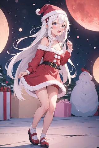 lustration of cute girl, (anime style), (flat:1.5), BREAK, 1girl, solo, (santa claus clothes),white hair, bangs bangs, full body, Looking viewer, (scared:1.4),(afraid:1.5),