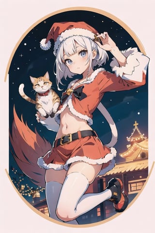 lustration of cute girl, (anime style), (flat:1.5), BREAK, 1girl, solo, (santa claus clothes),white hair, bangs bangs, full body, Looking viewer, (cat:1.2),