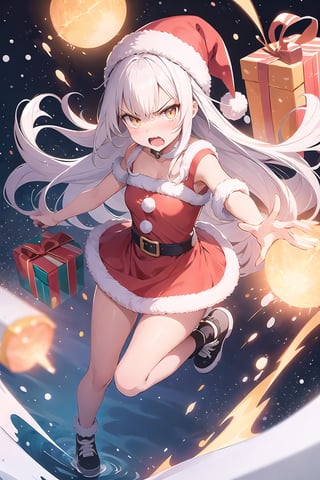 lustration of cute girl, (anime style), (flat:1.5), BREAK, 1girl, solo, (santa claus clothes),white hair, bangs bangs, full body, Looking viewer, (angry:1.5),