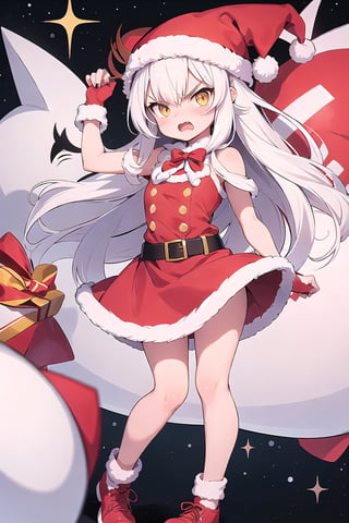 lustration of cute girl, (anime style), (flat:1.5), BREAK, 1girl, solo, (santa claus clothes),white hair, bangs bangs, full body, Looking viewer, (angry:1.5),