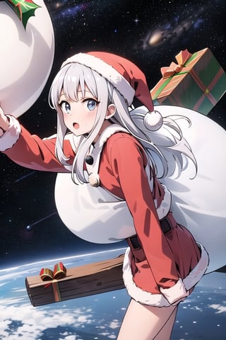 lustration of cute girl, (anime style), (flat:1.5), BREAK, 1girl, solo, (santa claus clothes:1.5),white hair, bangs bangs, Break,(space suit:1.2),