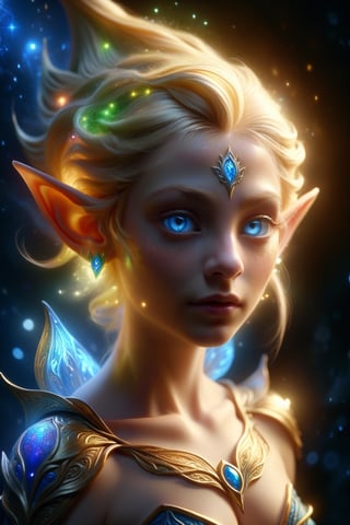 1 girl, normal chest, look at viewer, face portrait, elf, short elf ear, silky skin,surreal photography of a stunningly beautiful, blonde hair, blue eyes, intricate detailed, glowing, highly detailed, masterpiece, light particle, colourful light particles, concept art, 8 k,1girl navia, perfect split lighting