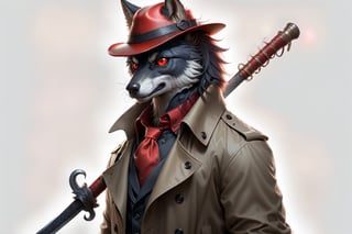 A portrait of amazing wolf in slick collared red armored trenchcoat , wearing a red fedora, neck-length black hair , white background, serious face expression, red eyes , wearing a thin black turtleneck , reddish hair,The Dark Huntsman ,black steel cane ,sword on the back , blend, bright eyes