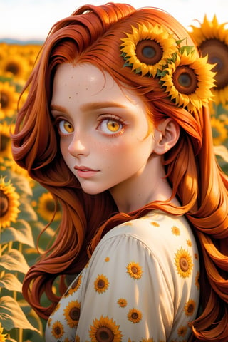 Beautiful woman, red hair, sunflower field, amber eyes, 8k, best quality, (van gogh, starry night background), detailed hair, detailed eyes