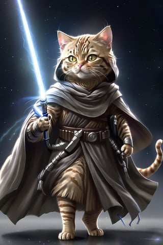 (cat:1.3), a master jedi cat, star wars, holding lightsaber, wearing a jedi cloak hood, photorealistic,cat