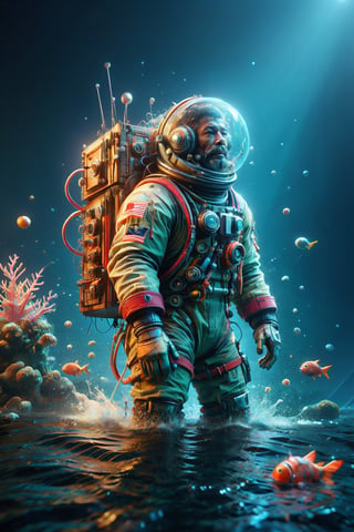 Epic undersea astronaut man made back in the day!!! Sea water!!!, intricate and hyper-detailed matte painting by Ismail Inceoglu, Erin Hanson, Gazelli, Hayao Miyazaki, Yoshitaka Amano, masterpiece, 8k resolution, artstation trend, volumetric lighting, unreal engine, deep sea, composition magnificent, composition, Apoloniasxmasbox, SINGLE 3D TEXT