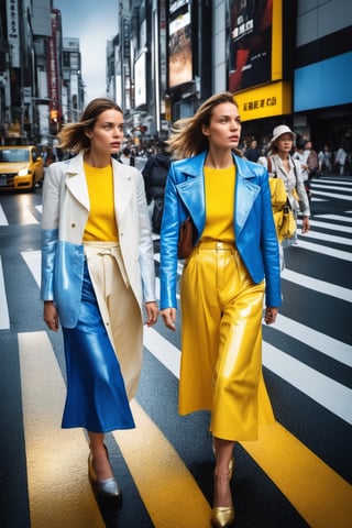  Here's the revised content in English: "Two women, dressed in white, yellow, and blue attire, portrayed in an 8K HDR photo at a bustling crosswalk in Shibuya. The image showcases highly detailed, vibrant female portraits, evoking a cinematic quality. Reflective light plays upon the wet streets, adding depth to the 8K rendered photo, labeled as r3al."