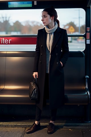 A girl waiting for a bus in a bus stop. in style of Gabriel Pacheco