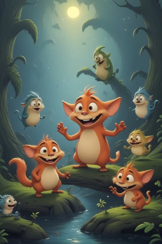 sharpen the image of cartoon critters in (potma style) in a birthday party in the nighty forest, oil painting style rendered in multiple cg units creating an absurdres highquality wallpaper 128k on gloss paper, excentric inventive masterpiece,<lora:659095807385103906:1.0>