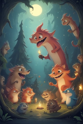 depixel the image of cartoon critters in (potma style) in a birthday party in the nighty forest, oil painting style rendered in multiple cg units creating an absurdres highquality wallpaper 128k on gloss paper, excentric inventive masterpiece,<lora:659095807385103906:1.0>