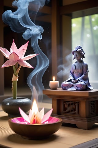 In a serene Japanese temple, origami props adorn the tranquil atmosphere. A small wooden altar stands before a magnificent, semi-translucent ethereal image of an Akashic Register figure, shrouded in colorful smoke from incense sticks. Soft crystals and traditional fine wood enhance the peaceful ambiance. Water droplets glisten on the temple's surface, adding depth to this exceptional artistic masterpiece.,Crystal style