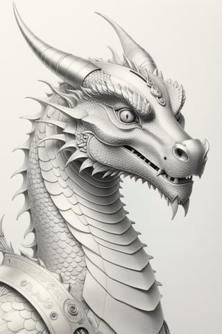 "A complex pencil sketch of a robotic Chinese dragon, with its mechanical structure and animal-like design clearly visible, detailed features such as gears, wires, and the metallic sheen of its body, as well as human-like elements such as facial features and posture, BREAK evoking a sense of mystery A sense of beauty and greedy desire,BREAKRendered in a simple yet detailed pencil drawing style, showcasing the subtle gradient tones of graphite,BREAKThe light is soft and diffuse, casting soft shadows and highlighting the robot's three-dimensional form, giving the scene a battle-like feel. Atmosphere. To create an introspective mood, the BREAK perspective is a close-up, capturing the details of the robot's face, with a slight bokeh effect softening the background, while the BREAK sketch is detailed, emphasizing the texture of pencil strokes and the play of moving light and shadow. Effects of robot shape.”