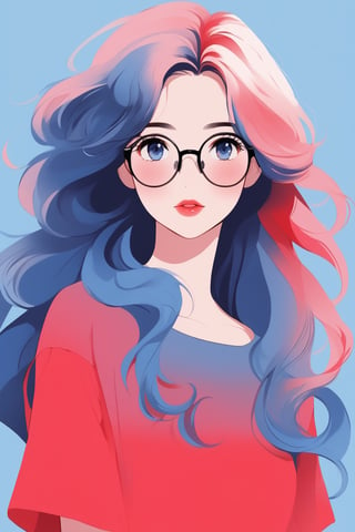 anime, 1girl, (white-blue gradient background:1.3), long floating hair, (blue gradient hair color), blush, long eyelashes, solo, small breasts, red lips, makeup, glasses, versized shirt, portrait 