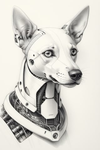 "An intricate pencil sketch of a robotic dog, with its mechanical structure and animal-like design clearly visible, BREAK detailed features such as gears, wires, and body metallic sheen, as well as human-like elements such as facial features and posture, BREAK evoking a sense of mysterious beauty and greed A sense of desire,BREAKRendered in a simple yet detailed pencil drawing style, showcasing the subtle gradient tones of graphite,BREAKThe light is soft and diffuse, casting soft shadows that highlight the robot's three-dimensional form, creating a combat-like atmosphere to the scene. For an introspective mood, BREAK the perspective is a close-up that captures the details of the robot's face, a slight bokeh effect softens the background, and the BREAK sketch is detailed, emphasizing the texture of pencil strokes and the effect of moving light and shadow on the robot's form."