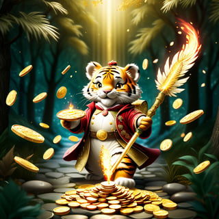 TIGER ANGEL HENRY dressed in very elegant clothes carrying a fire sword in his right hand and a water sword in his left hand walks on a path of solid gold coins, many gold coins and riches around it looks like treasures everywhere and trees in the background full of leaves of money bills,christmas