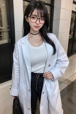 a slim-fit Japanese woman with black hair and green eyes wearing round glasses posing in the city wearing grunge fashion and a long coat,age 25 years old, extremely long hair, straight hair, (green eyes),smile,full body,glasses, round glasses, black-rimmed glasses (masterpiece, best quality, highres),1 girl, choker, necklace, layered necklaces, multiple necklaces, fall fashion, Detailedface, ((seductive smile)),Enhance