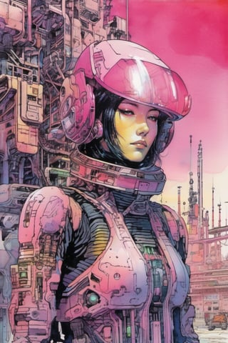 xxmixgirl,1 female , alien-worlds, cyberpunk, dark, dystopia, industrial, manga-anime, science-fiction comic by Jean Giraud Mamoru Oshii Tsutomu Nihei, watercolor colours, pink palette, coloured