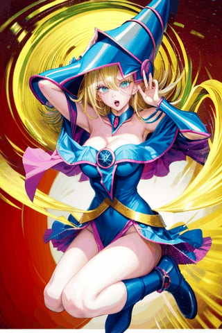 dark magician girl, masterpiece, best quality, 1girl, blonde hair, blue footwear, blue headwear, masterpiece, best quality, bouncing boobs, misaligned boobs, big milkers, motion blur, jumping, arms up, happy, huge boobs, breasts, duel monster, hat, hexagram, large breasts, long hair, looking at viewer, nail polish, open mouth, pentacle, pentagram, solo, staff, wand, wizard hat, yu-gi-oh!, girl coming out of a magic magician hat,hmdmg1, blush, command spell, magic, magic circle,blush stickers, cleavage, bare shoulders,murata yuusuke,dress