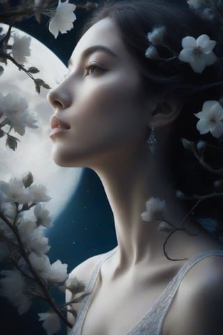 create a UHD image,

(masterpiece,

best quality: 1.4),

double photographic exposure between the perfect profile of a woman,

inside the face branches of flowers perfectly integrated and transparent in the shape of the face, neck and head, nothing should exceed these limits moon,

representations,

dark sky blue and white,

portrait illustrations with hidden meaning,

black and white still,

digital art,

perfect composition,

beautiful, detailed, intricate and incredibly detailed octane rendering that is trending on artstation,

8k art photography,

photorealistic conceptual art,

soft natural volumetric cinematic perfect light,

chiaroscuro,

award-winning photography,

masterpiece,

oil on canvas,

Raphael,

caravaggio,

greg rutkowski,

whistle,

beksinski,

giger