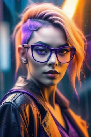 In split tone style, in mixed media style, intense lighting, intaglio engraving, stippling, in urban decay style, bold chromaticism, dynamic angle, light orange and dark purple, moody, cyberpunk, corporate punk, cyberspace, futuristic woman, With glasses,beautiful nod_woman